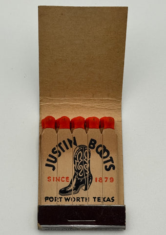 "Justin Cowboy Boots" Fort Worth, TX Vintage Feature Matchbook