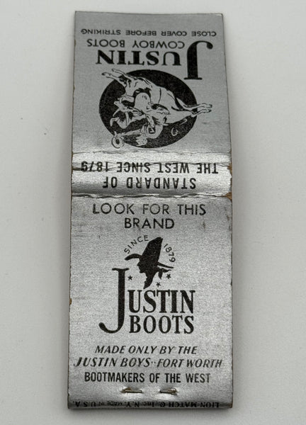 "Justin Cowboy Boots" Fort Worth, TX Vintage Feature Matchbook