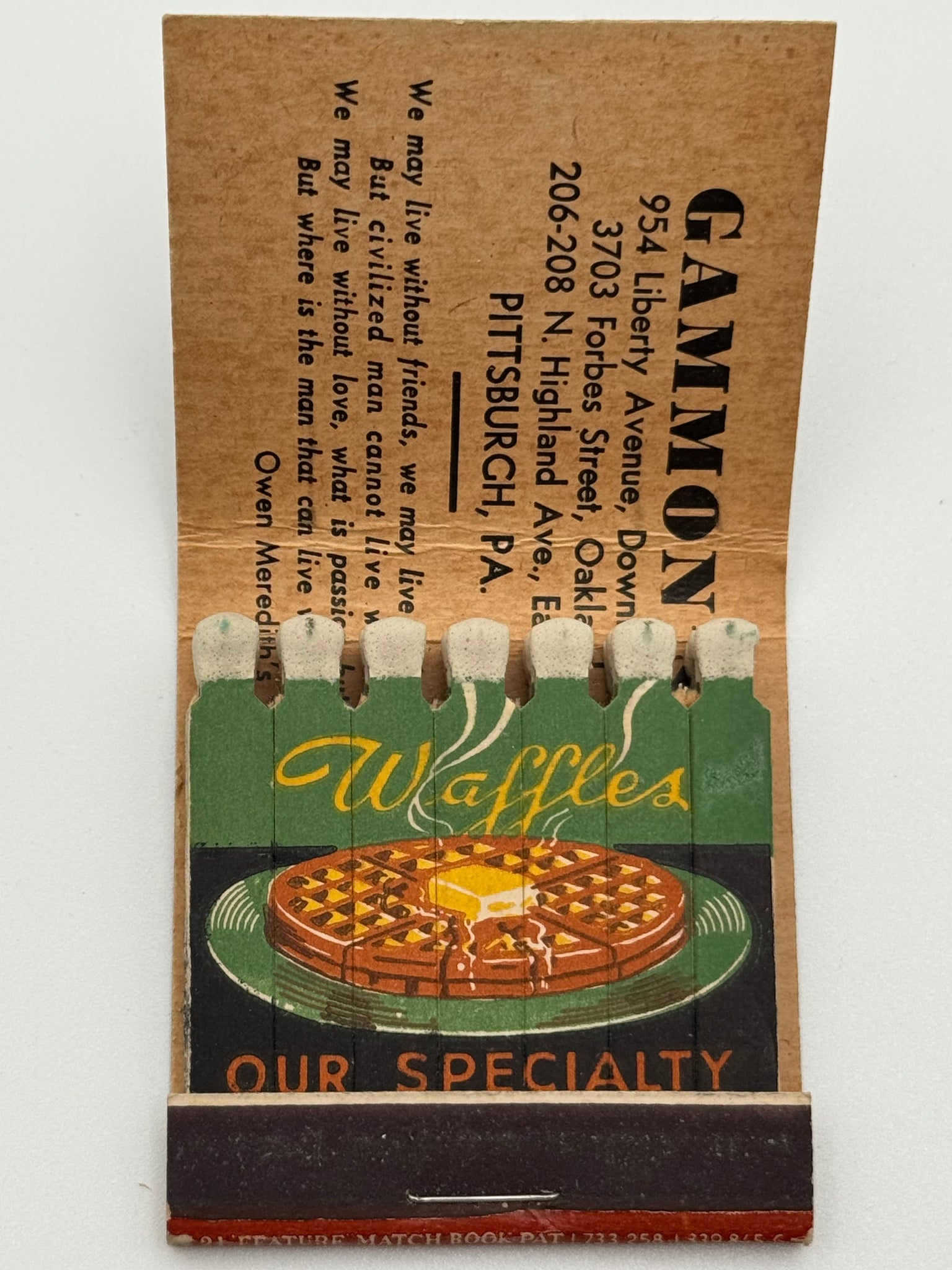 "Gammon’s" Pittsburgh, PA Vintage Feature Matchbook