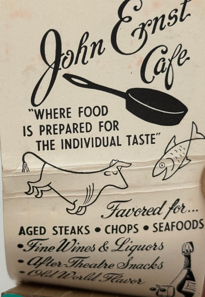 "John Ernst Cafe" Milwaukee, WI Vintage Feature Matchbook