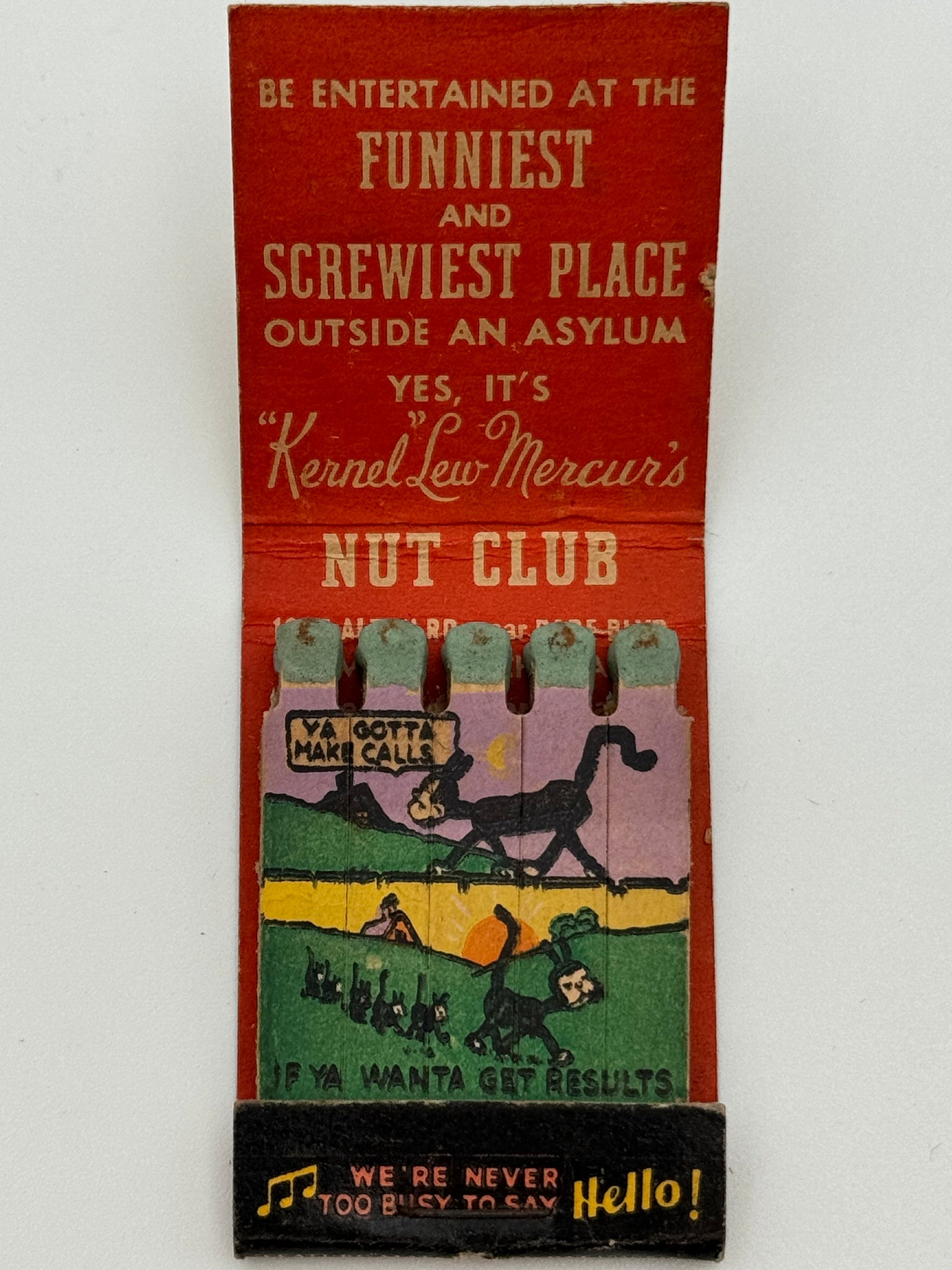 "'Kernel' Lew Mercur’s Nut Club" Miami Beach, FL Vintage Feature Matchbook