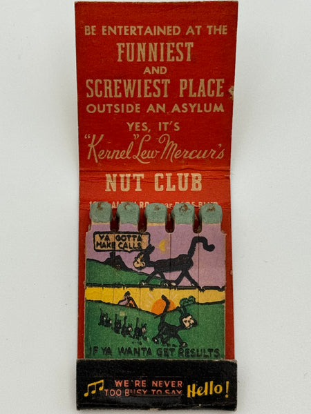 "'Kernel' Lew Mercur’s Nut Club" Miami Beach, FL Vintage Feature Matchbook