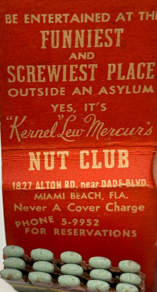 "'Kernel' Lew Mercur’s Nut Club" Miami Beach, FL Vintage Feature Matchbook