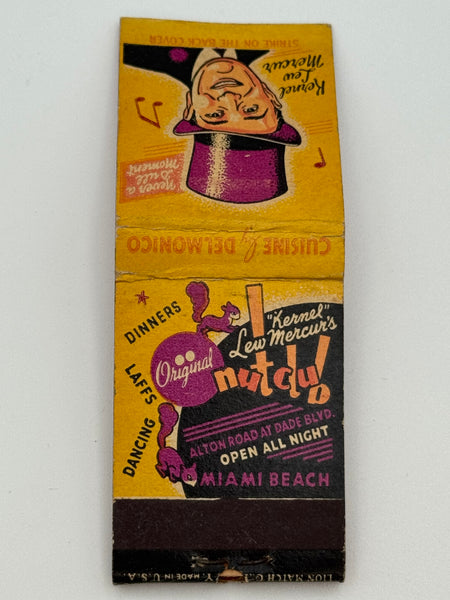 "'Kernel' Lew Mercur’s Nut Club" Miami Beach, FL Vintage Feature Matchbook