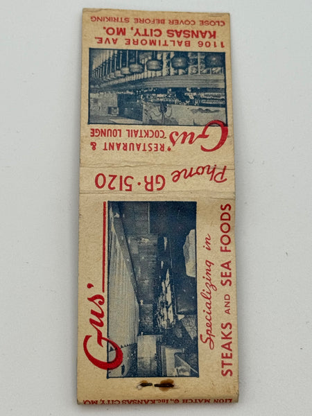 "Gus Restaurant and Cocktail Lounge" Kansas City, MO Vintage Feature Matchbook B