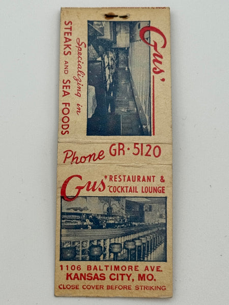 "Gus Restaurant and Cocktail Lounge" Kansas City, MO Vintage Feature Matchbook B