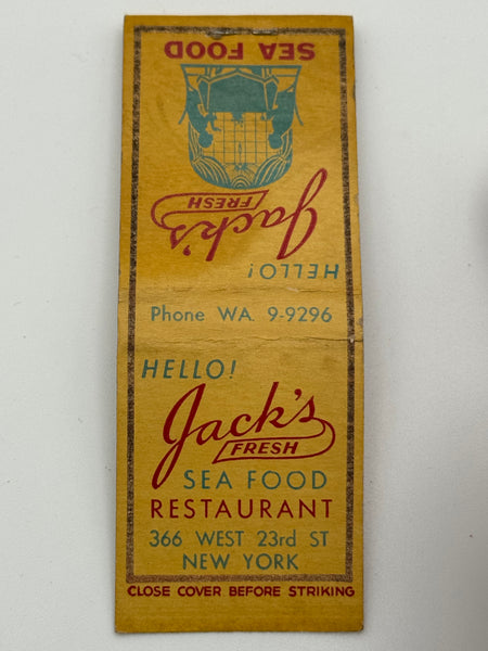 "Jack’s Sea Food Restaurant" New York, NY Vintage Feature Matchbook