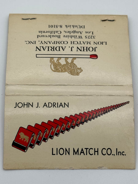 "Lion Match Co. Inc. / John J. Adrian" Salesman's Business Card Vintage Feature Matchbook