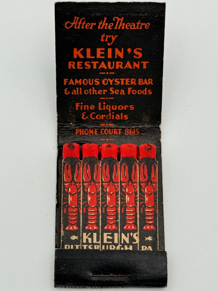 "Klein’s Restaurant and Seafood House" Pittsburgh, PA Vintage Feature Matchbook B