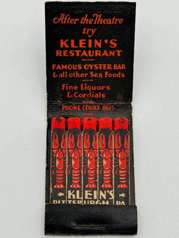 "Klein’s Restaurant and Seafood House" Pittsburgh, PA Vintage Feature Matchbook -2