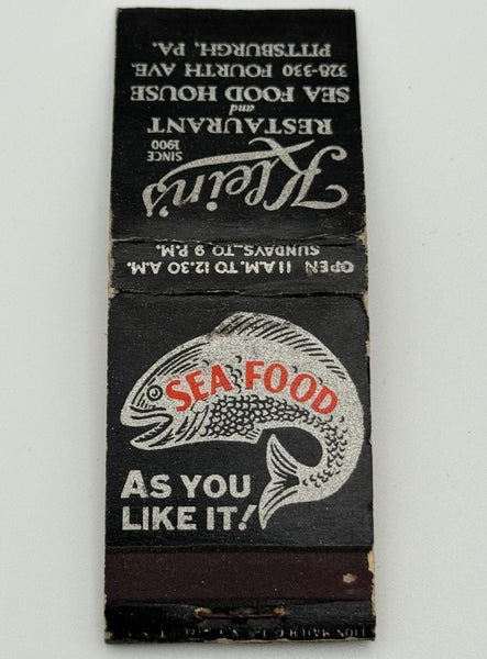 "Klein’s Restaurant and Seafood House" Pittsburgh, PA Vintage Feature Matchbook B