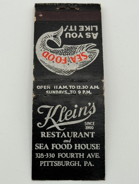 "Klein’s Restaurant and Seafood House" Pittsburgh, PA Vintage Feature Matchbook B