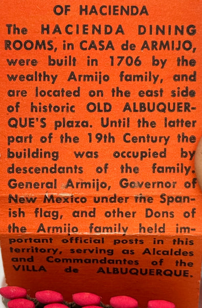 "Hacienda Dining Rooms" Albuquerque, NM Vintage Feature Matchbook