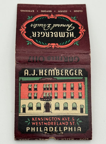 "A.J. Hemberger" Philadelphia, PA Vintage Feature Matchbook