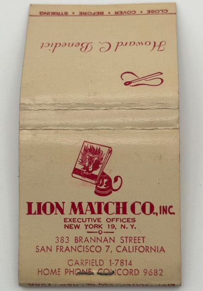 "Lion Match Co. Inc. / Howard C. Benedict" Vintage Feature Matchbook