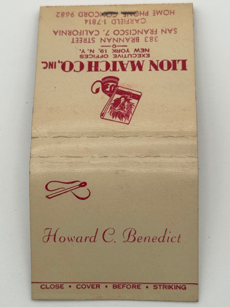 "Lion Match Co. Inc. / Howard C. Benedict" Vintage Feature Matchbook