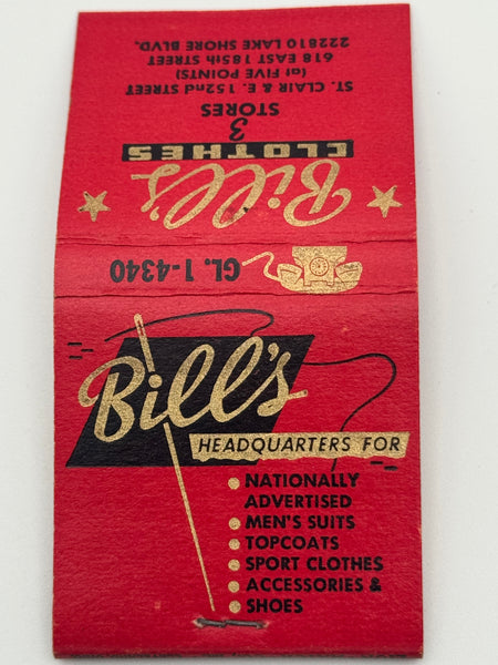 "Bill’s Clothes" Cleveland, OH Vintage Feature Matchbook