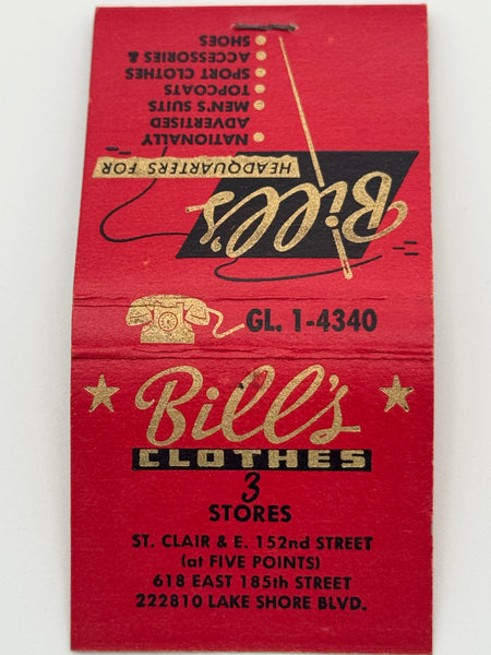 "Bill’s Clothes" Cleveland, OH Vintage Feature Matchbook