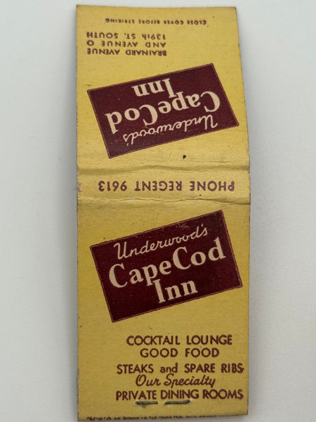 "Underwood’s Cape Cod Inn" Cape Cod, MA Vintage Feature Matchbook