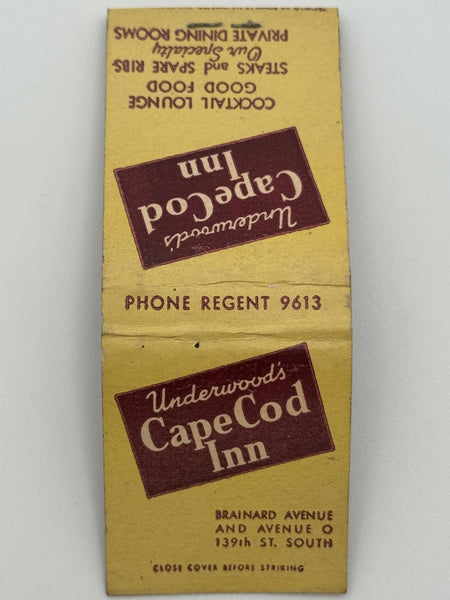 "Underwood’s Cape Cod Inn" Cape Cod, MA Vintage Feature Matchbook