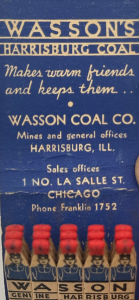 "Stevenson Coal Company / Wasson’s Coal Company" Harrisburg, IL Vintage Feature Matchbook