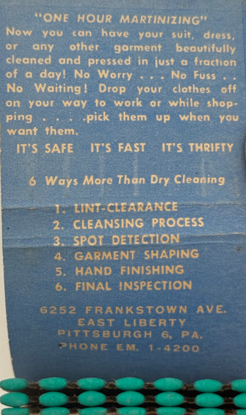 "One Hour Martinizing" Pittsburgh, PA Vintage Feature Matchbook