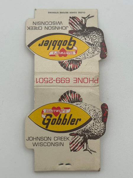 "Hartwig’s Gobbler" Johnson Creek, WI  Vintage Feature Matchbook with a Contour Cover!