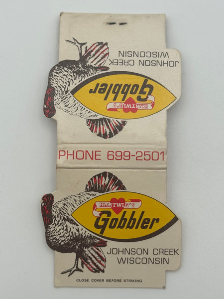 "Hartwig’s Gobbler" Johnson Creek, WI  Vintage Feature Matchbook with a Contour Cover!