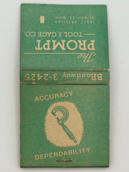 "The Prompt Tool & Gage Co" Detroit, MI Vintage Feature Matchbook