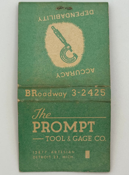 "The Prompt Tool & Gage Co" Detroit, MI Vintage Feature Matchbook