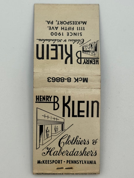 "Henry B Klein" McKeesport, PA Vintage Feature Matchbook