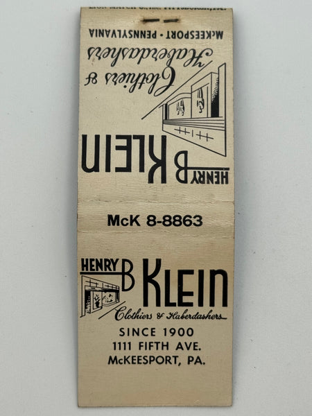 "Henry B Klein" McKeesport, PA Vintage Feature Matchbook