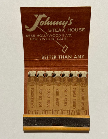 "Johnny's Steakhouse" Hollywood, CA Vintage Feature Matchbook with an Easel Back!