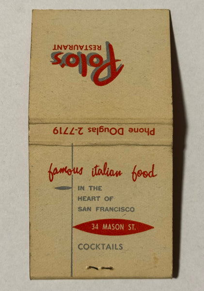 "Polo's Italian Restaurant" San Francisco, CA Vintage Feature Matchbook