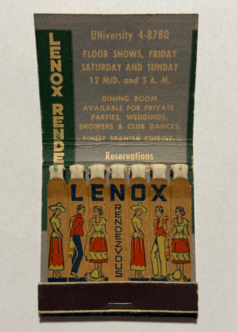 "Lenox Rendezvous/ Madrid Restaurant" Vintage Feature Matchbook