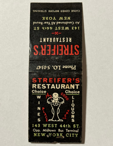 "Streifer's Restaurant" New York, NY Vintage Feature Matchbook