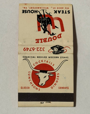 "Double U Steakhouse" Williamsport, PA Vintage Feature Matchbook