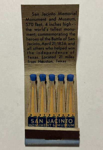 "San Jacinto Monument" Houston, TX Vintage Feature Matchbook with a Vertical Full Length Cover