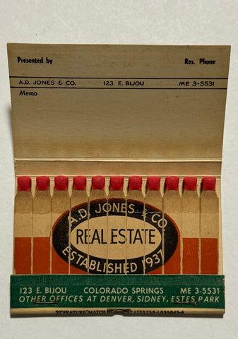 "A.D. Jones & Co." Colorado Springs, CO Vintage Feature Matchbook