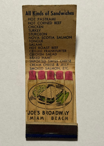 "Joe's Broadway" Vintage Feature Matchbook with Full Length Cover