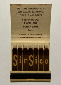 "Sir Sico Restaurant" Sun Valley, CA Vintage Feature Matchbook