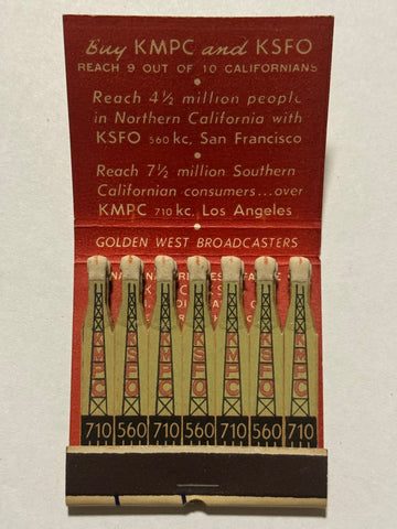 "KMPC and KSFO Broadcasting" Los Angeles & San Francisco Vintage Feature Matchbook