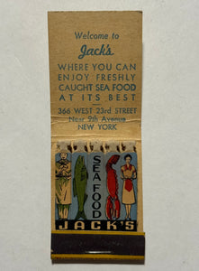 "Jacks Fresh Seafood Restaurant" New York, NY Vintage Feature Matchbook