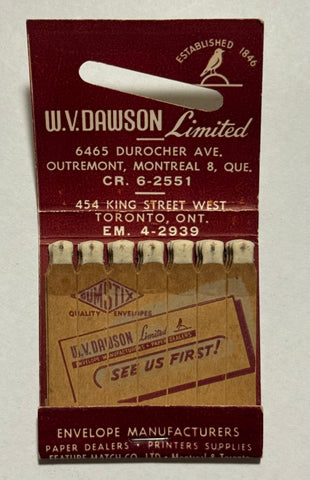 "W.V. Dawson Limited" Montreal Vintage Feature Matchbook with Knothole