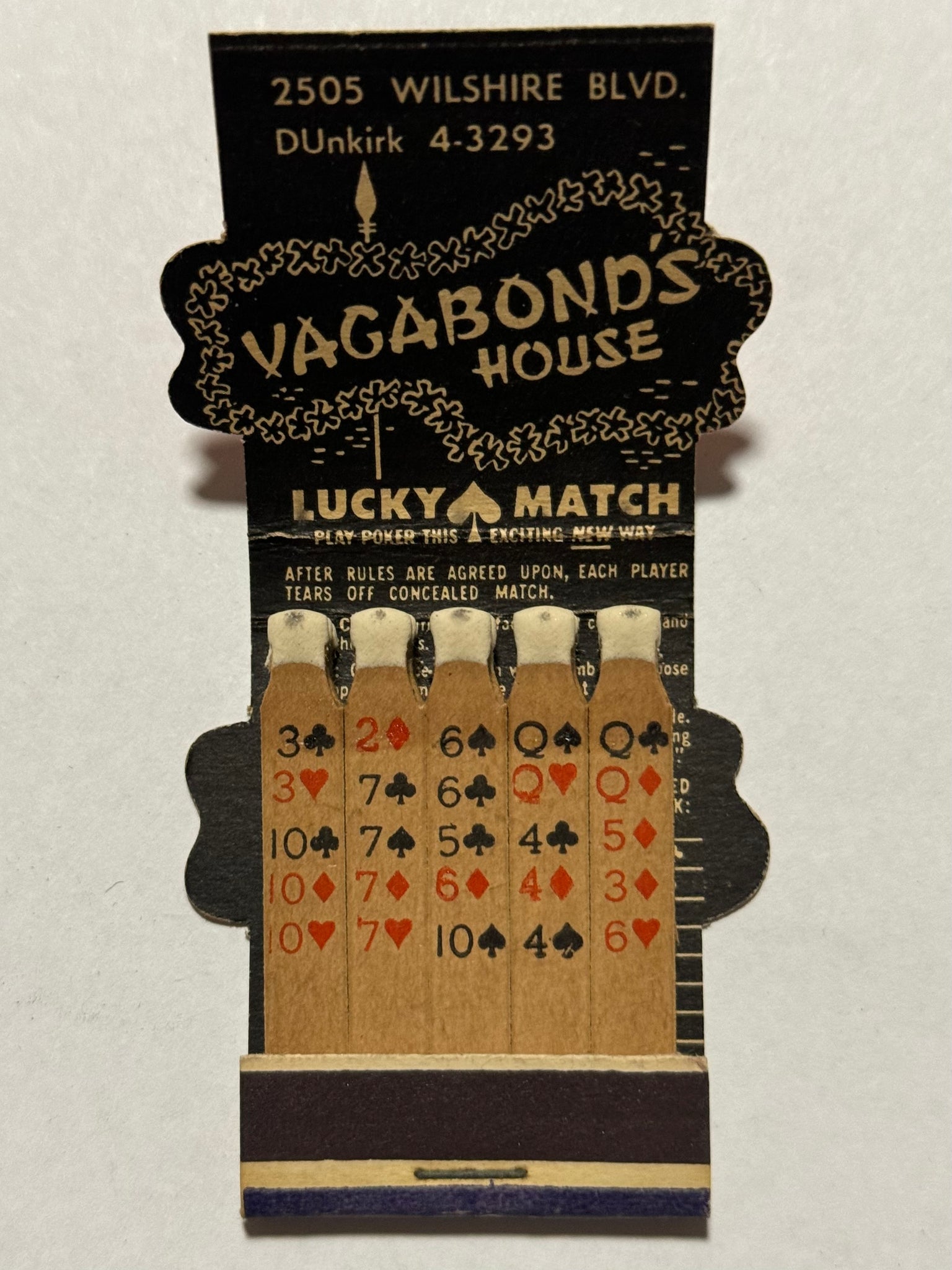 "Vagabond's House" Los Angeles, CA Vintage Tiki Lounge Feature Matchbook with Contour Cover