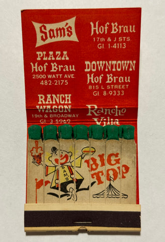 "Sam’s Big Top Coffee Shop" Sacramento, CA Vintage Feature Matchbook