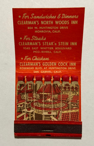 "Clearman’s Steak n’Stein Inn" San Gabriel, CA  Vintage Feature Matchbook (B)